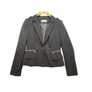 Calvin Klein Black Womens One Button Blazer Jacket Size 8 Black Zipper Pockets